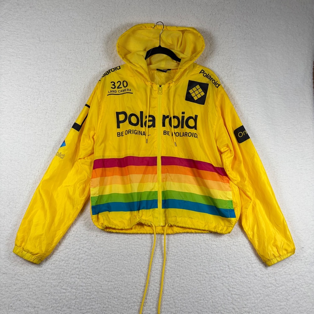Polaroid 320 Land Camera Yellow Rainbow Windbreaker Jacket XL Zip Up Hood Retro